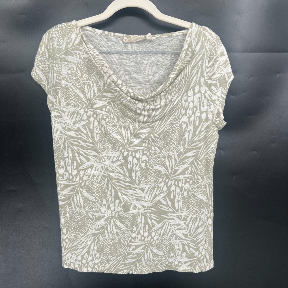 Christian Siriano 100% linen cowl neck green floral top boho coastal grandma M